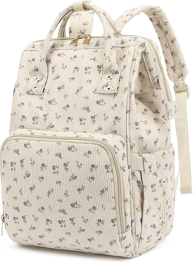 Corduroy Diaper Bag Backpack for Baby Girls Boys, Women Large Nappy Bags for Mom (Beige Corduroy Floral Purple) by Yusudan