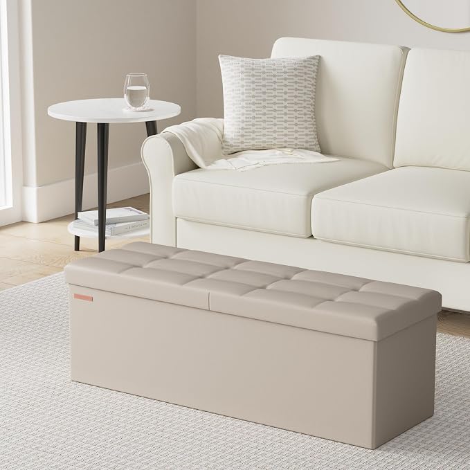 SONGMICS MAZIE Collection - 43 Inches Storage Ottoman Bench with Flipping Lid, Storage Chest with Iron Frame Support, Load 660 lb, for Living Room, Bedroom, Synthetic Leather, Camel Brown ULSF075K03 - Image 2
