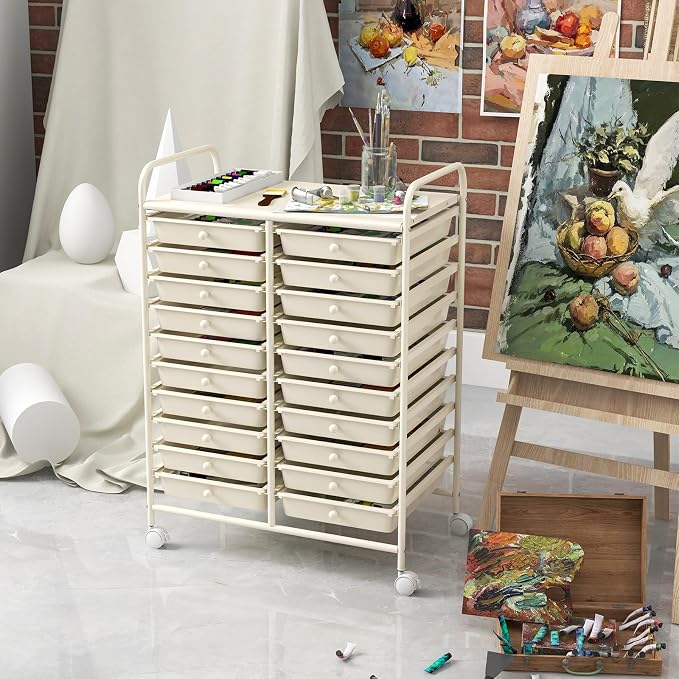 RELAX4LIFE 20-Drawer Rolling Storage Cart - Mobile Rolling Cart w/Drawers for School Classroom Teacher Office Home Salon, Paper File Art Supply Craft Organizer, Utility Cart on Wheels (Ivory) - Image 7