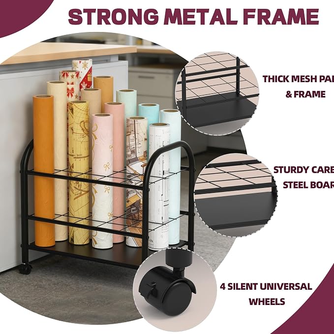 Blueprint Storage Holder with Wheels – 20-Slot Metal Roll File Rack with Silent Casters & Brakes for Blueprints, Wrapping Paper, Posters, Maps – Mobile File Cart for Office & Home (Black) - Image 4