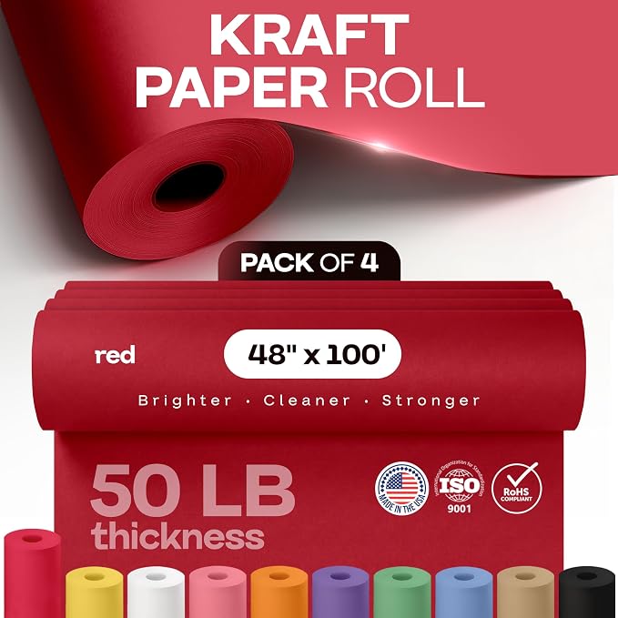 48" x 1200" (100 ft) Red Kraft Paper Roll, Pack of 4 - USA-Made Quality Craft Paper for Gift Wrapping, Kids' Arts & Crafts, School Projects - 100% Recycled, 50 lb Natural Material by IDL Packaging - Image 4