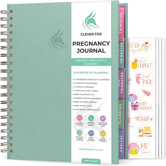 Clever Fox Pregnancy Journal, Expecting First Time Mom Planner Mint Green | Organized pregnancy & baby diary with weekly countdown calendars & checklists, maternity memory book, ivf 9 x 10.5 in by CleverFox