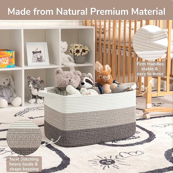 Goodpick Large Woven Rope Blanket Basket, Rectangle, White Brown | 21.6'' x 14.9'' x 11.8'' Storage Basket for Blankets & Toys, Living Room, Bedroom & Nursery Organization, Reinforced Handles - Image 6