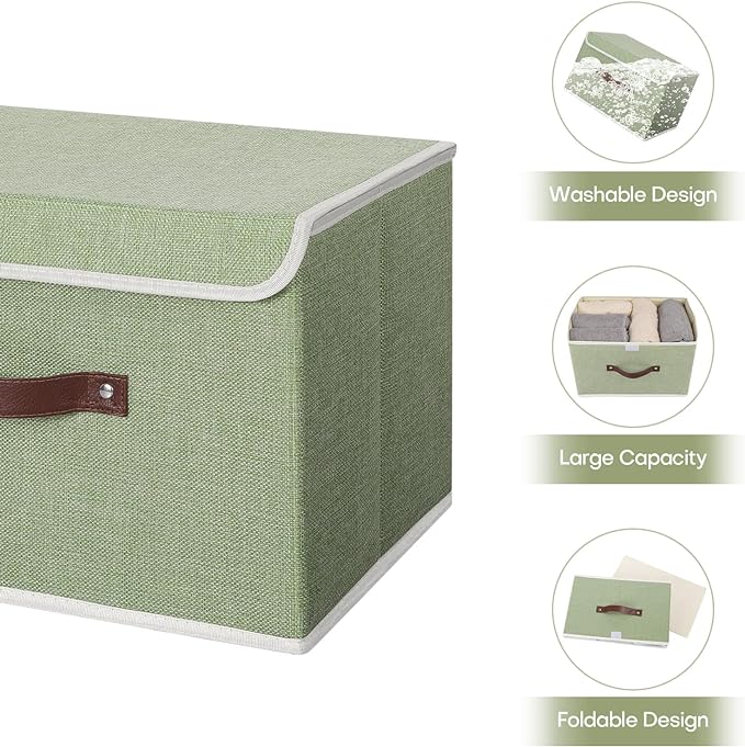 ANMINY Fabric Storage Box Bins with Lids, Green, 13"x9"x7.9", 2 Pack | Keepsake Memory Storage, Cotton Linen, PP Board Reinforced, Washable, PU Handles, Foldable & Stackable, Decorative, Medium - Image 3