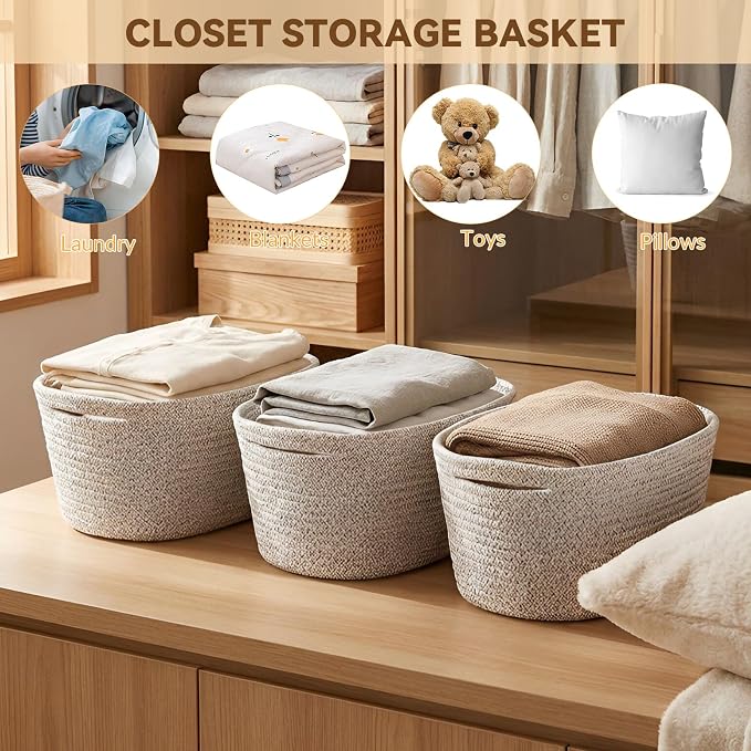 10 Pack Khaki Small Woven Baskets for Organizing, 12"x8"x5" Cotton Rope Storage Bins with Handle, Empty Gift Basket Kit for Baby Shower, Nursery, Shelf, Bathroom & Closet Organizing - Image 7