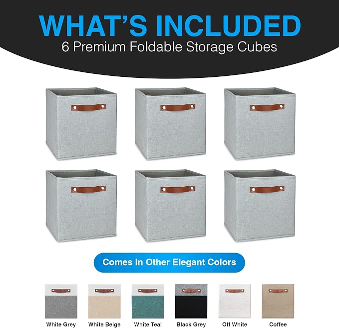 11 Inch Cube Storage Bin - 6 Pack - Linen Fabric 11x11 Cube Storage Bins for Bedroom, Living Room, Clothes and Toys; Foldable, Dual Leather Handles - Image 2