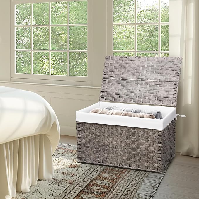 Wicker Storage Basket with Lid, 42.3 Gallon (160L) Large Blanket Basket with Lid, Woven Storage Bin with Handles, Removable Liner, Metal Frame, Foldable, for Bedroom, Laundry Room, Grey - Image 6