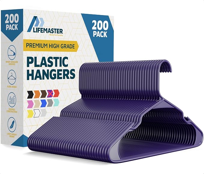 Plastic Clothes Hangers – Heavy Duty Hanger Set, for Organizing Clothes, Dresses, and Coats, Holds Up to 5 lbs, Space-Saving Hangers with Non-Slip Shoulder Grooves, Pack of 200, Purple by LIFEMASTER