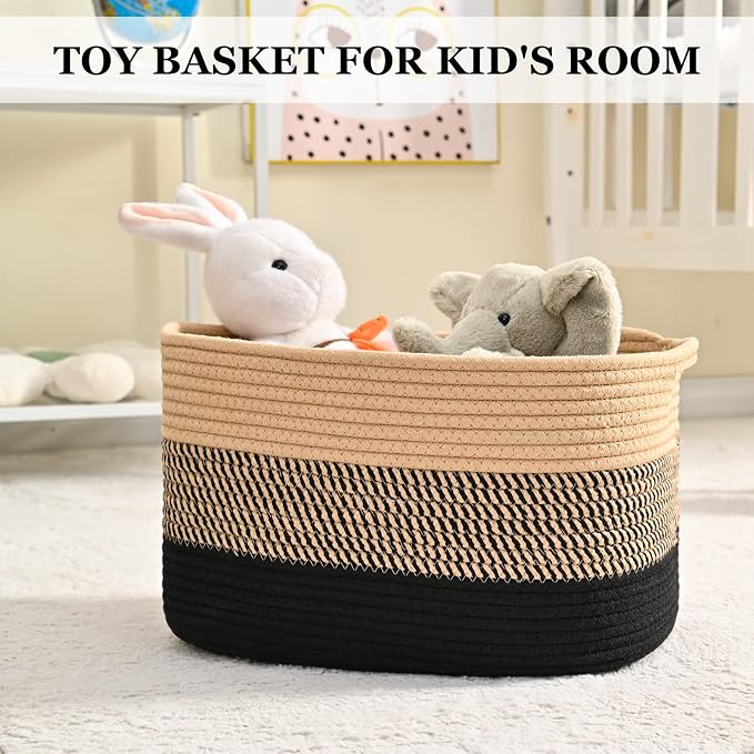 Cotton Rope Storage Baskets for Organizing 1Pack 15"x10"x9" Woven Baskets for Storage,Shelf Baskets Cube Storage Bins Towel Baskets for Bathroom,Toys Baskets Nursery Basket Laundry Baskets(Black/Brown) - Image 6