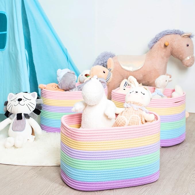 3-Pack Storage Baskets and Cube Bins for Shelves, Playroom and Classroom, Decorative Woven Closet Organizers for Books, Shoes, and Pantry Items, Pastel Rainbow - Image 3