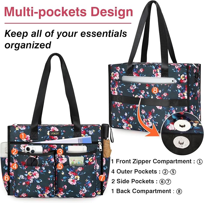 ITIEZY Large Utility Tote Bag for Women with 18 Pockets, Waterproof Teacher Nurse Bags with Zipper for Everyday Travel Work - Image 4