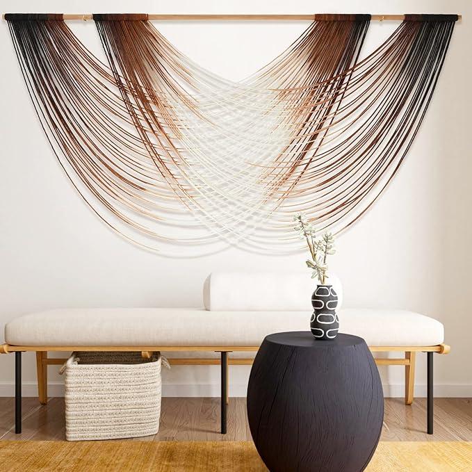 Macrame Wall Hanging Brown Dip Dyed Boho Fiber Art Decor 57"W*35"L | Warm Brown Gradient Design, for Living Room Bedroom Headboard Accent, Handwoven Yarn Texture, Boho Fiber Art by FLBER