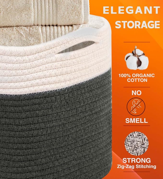 CHAT BLANC Cotton Rope Baskets for Organizing, Shelves, Toys, Storage, Shoe, Bathroom, Laundry, Towel, Nursery, Home Decor, Blanket, Cloth Woven Bins Fabric (Creamy White & Graphite, 15"x10"x9") - Image 2