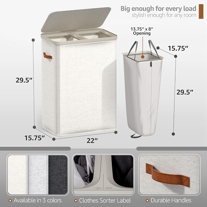 Sorbus Laundry Hamper with Lid - Collapsible 2-Compartment Fabric Laundry Basket with Handles and Removable Laundry Bag – 45 Gallon (170 L) Dirty Clothes Hamper for Bedroom, bathroom and dorm (Beige) - Image 2