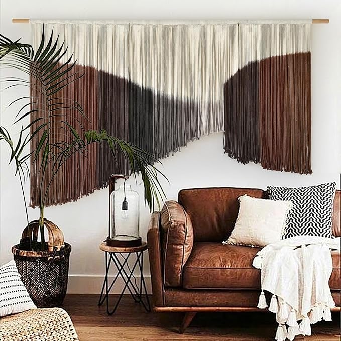 Jakalin Macrame Wall Hanging Brown Geometric Fiber Art Living Room 33" x57" | Geometric Dip-dyed Macrame Wall Art With Rich Brown-red Tones, Boho Texture, Artisan Character, and Home Style. - Image 3