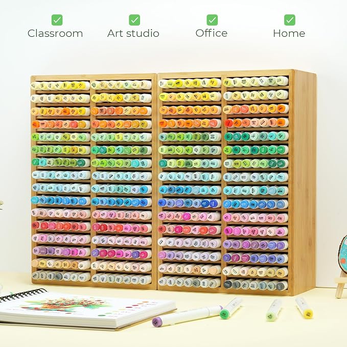 Ohuhu Bamboo Marker Organizer Hold 224 Markers for Honolulu Oahu Series | Markers Pens Pencils Stationary Organizer Holder Desktop Storage with 32 Compartments for Classroom Office Decor Home - Image 7