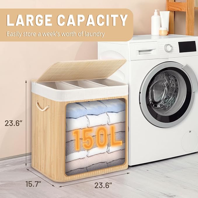 Aliphon 150L Laundry Hamper with lid, 3-Section Clothes Laundry Basket with Handles, Large Collapsible Bamboo Baskets for Bedroom, Bathroom, Dorm, Natural Beige - Image 2