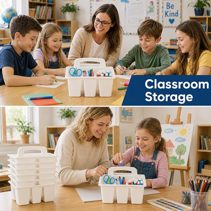 gisgfim 8 Pack Classroom Caddy Storage Basket with Handle 4 Compartment Storage Caddy Plastic Arts Crafts Caddies Protable Classroom Craft Caddies for Kids Schools Art Craft Supplies(White) - Image 6