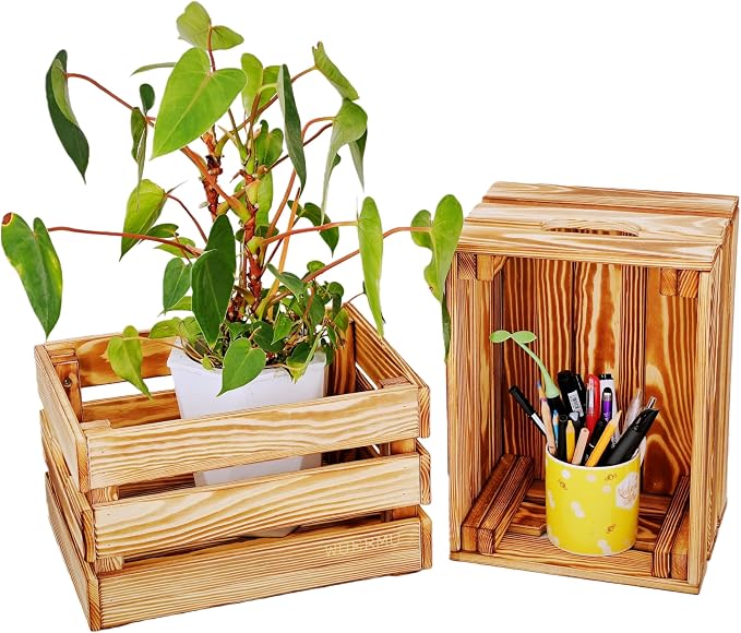 Flame-Treated Wood Crates, Rustic Brown Storage Boxes Set of 4 for Organization, Tool Storage, Wine or Camping, 12.2 Inch Multi-Purpose Crate. - Image 4