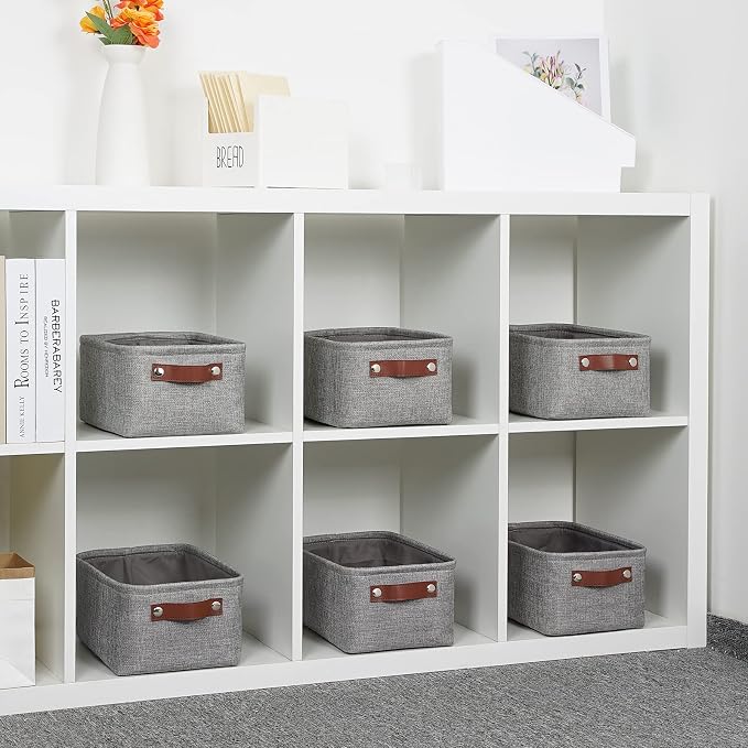 DULLEMELO Small Storage Baskets 11.8"x7.9"x5.1", Fabric Storage Bins for Shelves,Closets,Nursery,Home,Office [3 Pack], Collapsible Storage Baskets with Leather Handles (Gray) - Image 6