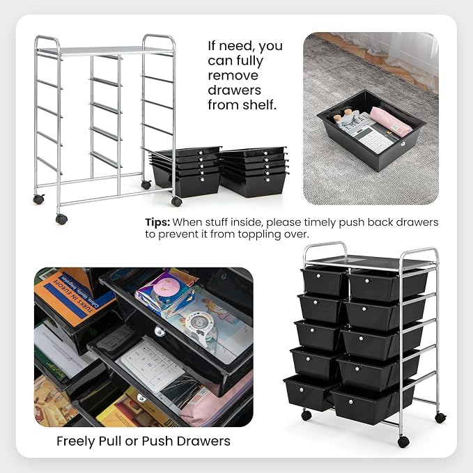Giantex 10 Drawers Rolling Cart, Classroom Organizers, Storage Cart with Wheels, for Teacher Office Home School Supplies Tool Craft Art Paper, Black - Image 5