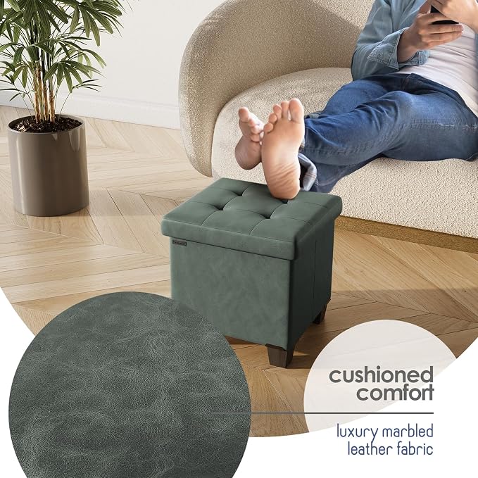 Storage Ottoman Cube with Small Bin, 15-in Square Ottoman with Storage for Living Room and Bedroom, Small Ottomans Foot Rest, Leather Foot Stools Ottomans Max 330lbs, Green - Image 7