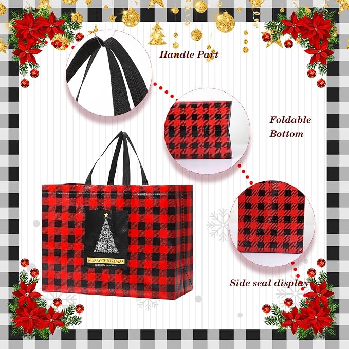 Colarr 36 Pcs Extra Large Christmas Tote Bags with Handle Xmas Gift Bag Red Black Buffalo Plaid Waterproof Reusable Bag - Image 4