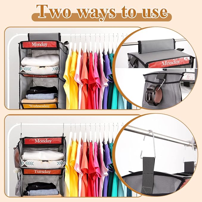 2 Pcs 6 Shelf Hanging Weekly Clothes Organizer for Kid,Gray | Closet Organization, Hanging Closet Shelves with Side Pockets, Labeled Shelves with Days of The Week Monday Through Weekend - Image 6