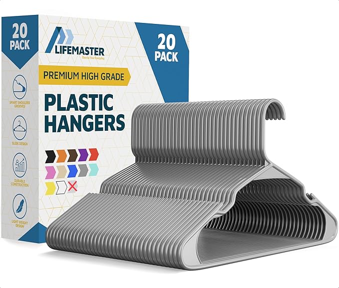 Lifemaster Plastic Clothes Hangers – Heavy Duty Hanger Set, for Organizing Clothes, Dresses, and Coat, Holds Up to 5 lbs, Space-Saving Hangers with Non-Slip Shoulder Grooves, Pack of 20, Gray by LIFEMASTER