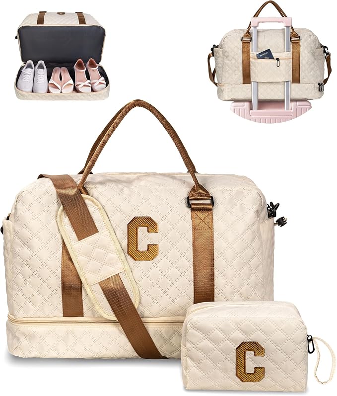 Birthday Gifts for Women-Initial Duffle Bag with Shoe Compartment | Monogrammed Gifts for Women-Personalized Weekender Bags, Travel Bag with Makeup Bags, Friend Wife Birthday Gift (Letter C) by Vogewood