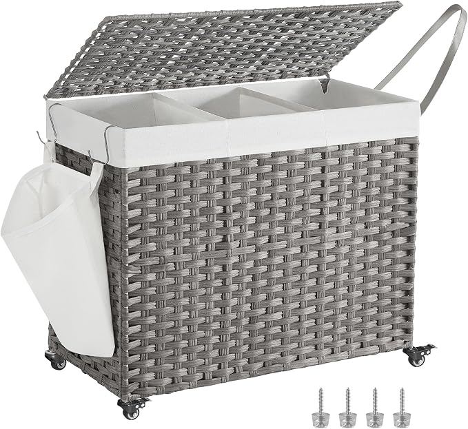 SONGMICS Laundry Hamper with Lid, 42.3 Gallons (160 L), Rolling Laundry Basket with Wheels, 3-Section Synthetic Rattan, Removable Liner, Bedroom, 29.9 x 13 x 26 Inches, Gray ULCB365G01 by Unknown