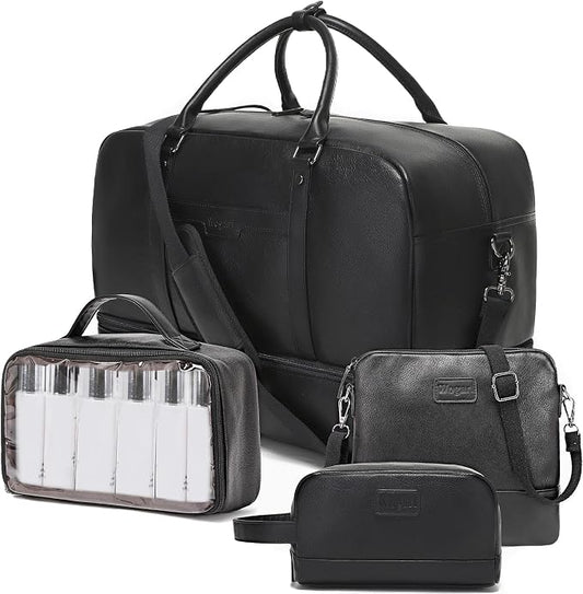 4-in-1 Waterproof Faux Leather Overnight Travel Bag for Women Men | Hospital Gym Weekender Bag Carry On Personal Item Travel Duffel Bags with Shoe Compartment Toiletry Bag Fit 21" Laptop by Wogarl