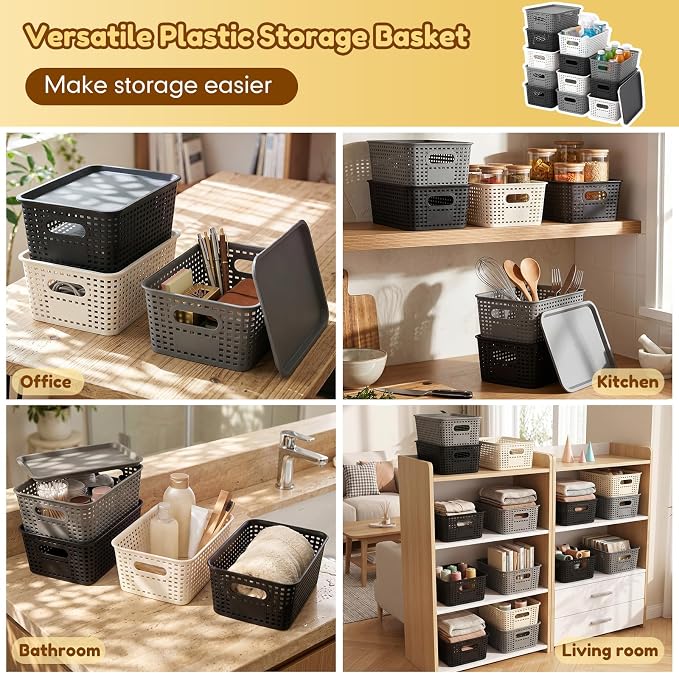 12 Pack Plastic Storage Baskets with Lids Stackable Organizing Bins Storage Baskets Organizers and Containers for Closet, Pantry, Office, 10.2 x 7.2 x 4.1 Inches(Classic Color) - Image 4