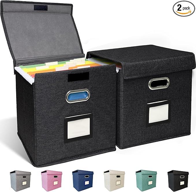 2 Pack Hanging File Folder Box with Lid, Durable Letter Size Filing Storage Box, Sturdy File Holder with Cardboard Support PVC Rails for Office Home Organizer, Black by ComfortKeeper