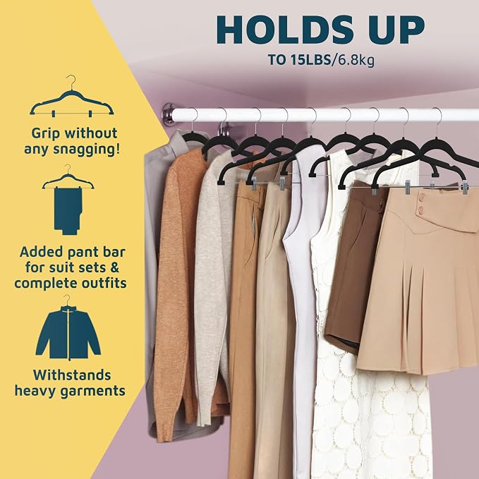 Lifemaster Velvet Skirt Hangers – with Adjustable Clips, 360 Degree Swivel Hook, and Non-Slip Shoulder Notch, Holds Up to 10 lbs, for Organizing Skirt, Pants, Dress, and Clothes, Pack of 30, Black - Image 8