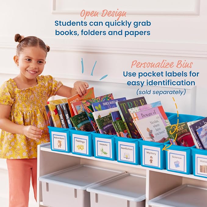 ECR4Kids Linking Plastic Storage Book Bin, Multipurpose Organization, Neon Blue, 10-Piece | Durable plastic with built-in handles, interlocking, nestable, ideal for books, magazines, and files in a classroom or office - Image 5
