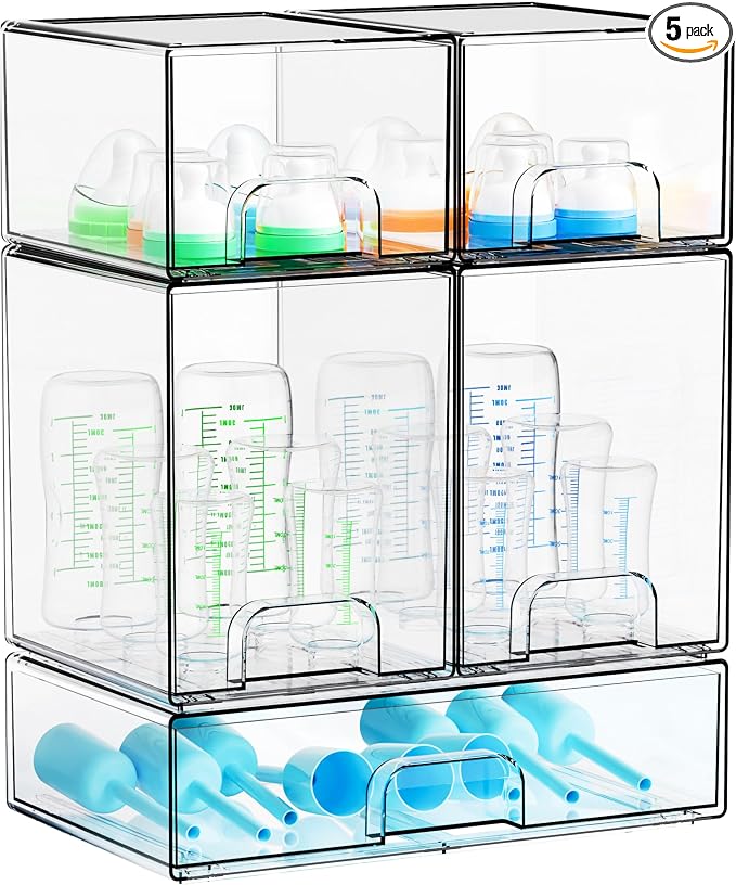 5 Set Clear Baby Bottle Organizer for Countertop,BPA FREE Bottle Station Organizer for Breast Pump Parts,Pacifier and Baby Accessories,Stackable Drawers for Bathroom,Cabinet,Pantry Organization by Yieach