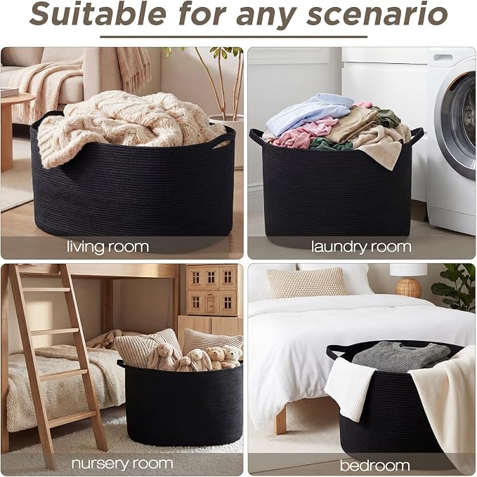 XXXXL 125L Extra Large Woven Blanket Basket, 25" x 18" x 17" Jumbo Cotton Rope Storage Basket with Handles Toy Storage Bins for Laundry Hamper Nursery Organizer Living Room Home(Black) - Image 5