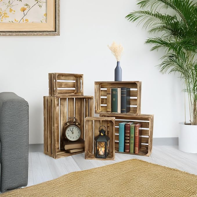 5-Piece Rustic Burnt Brown Wooden Crates Set, Wall Mountable Slatted Storage Crates with Handles, Farmhouse Wooden Crates for Display & Organizer for Home Decor - Image 5