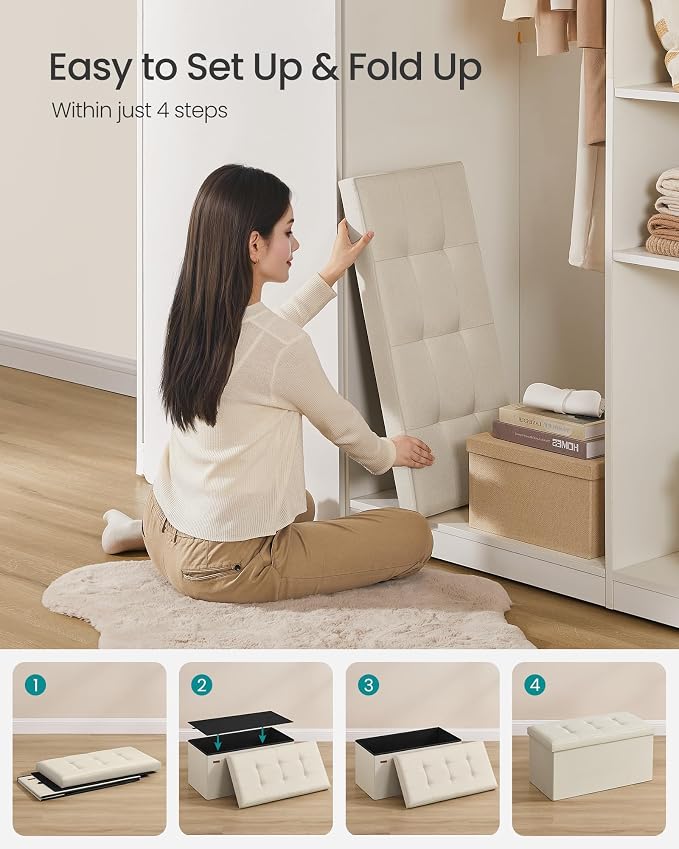 SONGMICS MAZIE Collection - 30 Inches Folding Storage Ottoman Bench, Ottoman Foot Rest, End of Bed Bench, Storage Chest, Load 660 lb, for Living Room, Bedroom, Entryway, Cream White ULSF47BE - Image 8