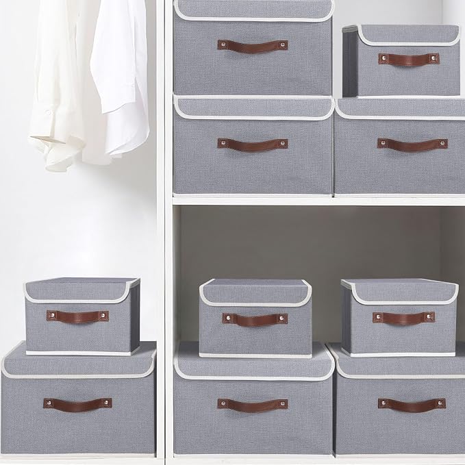 ANMINY Fabric Storage Box Bins with Lids, Gray, 13"x9"x7.9", 4 Pack | Keepsake Memory Storage, Cotton Linen, PP Board Reinforced, Washable, PU Handles, Foldable & Stackable, Decorative, Medium - Image 7