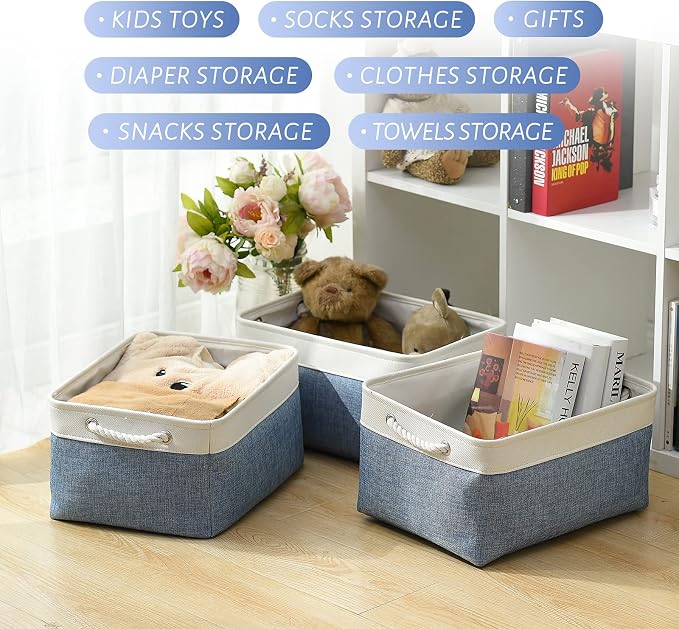 TcaFmac Storage Bins for Organization - Large 3 Pack Canvas Storage Basket for Shelves with Handles, Collapsible Baskets for Organizing for Closet Dog Laundry (White & Blue16x12x8 inch) - Image 5