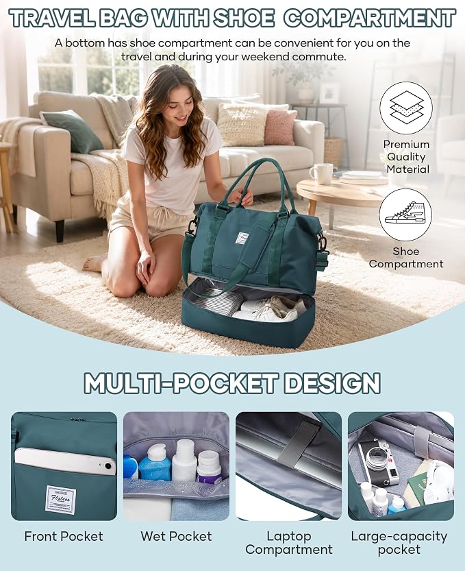 Travel Duffel Weekender Bag Women Tote Carry On Bags With Shoe Compartment | 18x14x8 inches Travel Overnight Bags with Trolley Sleeve for Airplanes Waterproof Sport Tote Gym with Toiletry Bag Blue - Image 6