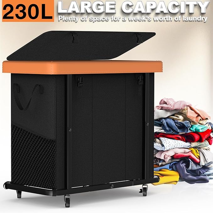 Laundry Basket with Wheels, 230L Leather Patchwork Laundry Sorter 3 Section | Sturdy Metal Frame, Removable Washable Bag, Tall Clothes Sorter for Bedroom - Black - Image 3