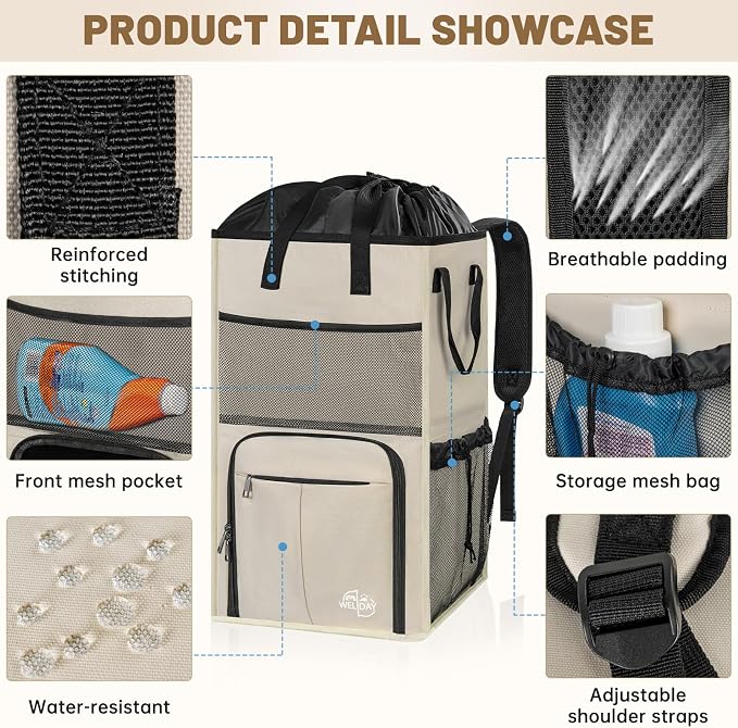Large Laundry Backpack Bag with 3 Sizes Mesh Wash Bags Total 170L | 2 in 1 Laundry Hamper Basket with Shoulder Straps, Freestanding Laundry Bag for College Dorm, Laundromat, Apartment - Image 7