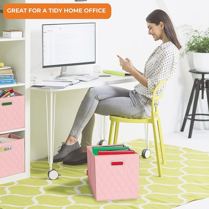Small 11-inch Foldable Diamond Patterned Faux Leather Storage Cube Bins Set of Four with Handles with Dual Handles for living room, bedroom and office storage… (PINK) - Image 5