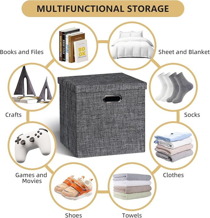 Posprica Storage Bins with Lids,13×13×13 Foldable Storage Cube Baskets Boxes Fabric Drawers for Closet Shelf Cabinet Bookcase,Set of 4,Black - Image 6