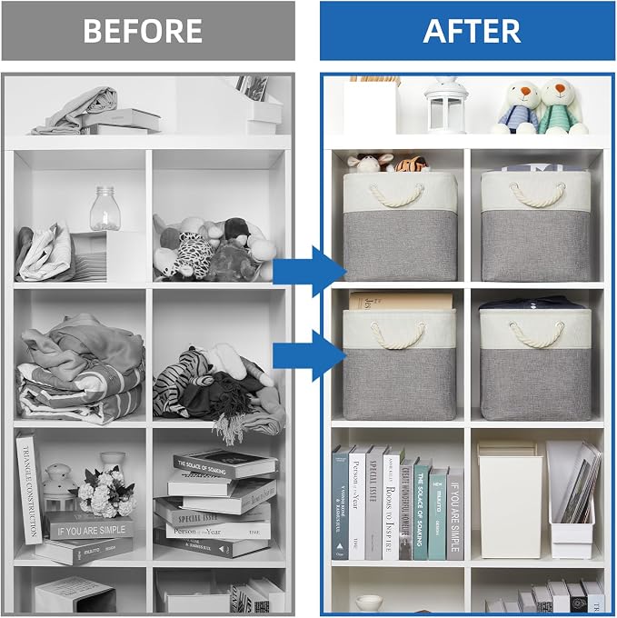 Temary Fabric Storage Baskets for Organizing, Grey Basket for Shelves, Collapsible Baskets with Handles for Shelves, Home, Closet (White&Gray) - Image 6
