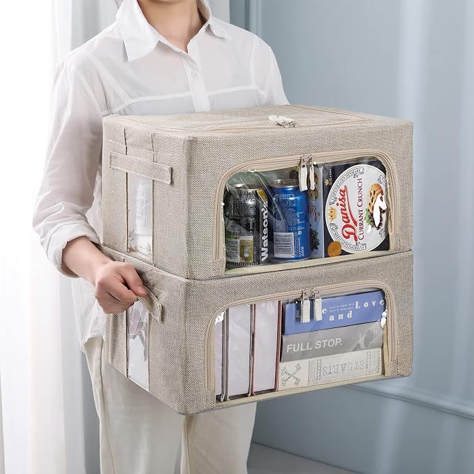 CYhom 3Pack Foldable Storage Bins - Frame Storage Box Linen Fabric Stackable Clothes Container Organizer with Clear Window & Carry Handles Large Capacity (Small-22L, Beige) - Image 8