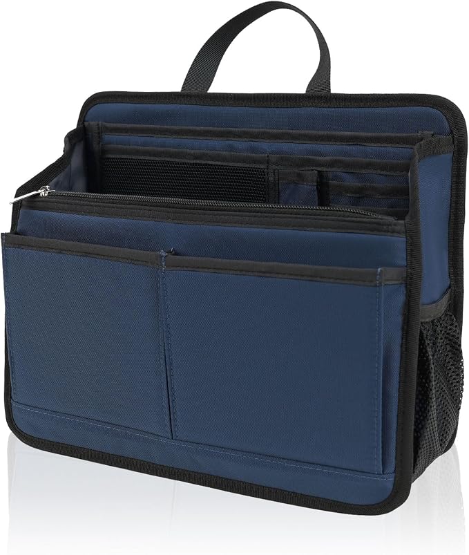 Small Rugged Organizer Insert for Briefcase Tote Shoulder Messenger Bag-19 Pockets,Padded Water-repellent Nylon-Navy by DELTAMANN